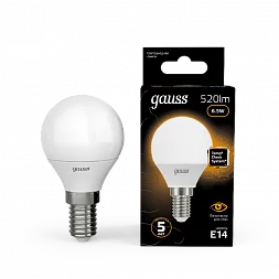 Лампа Gauss Шар 6.5W 520lm 3000K E14 LED 1/10/100