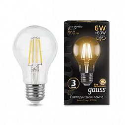 Лампа Gauss Filament А60 6W 600lm 2700К Е27 LED 1/10/40