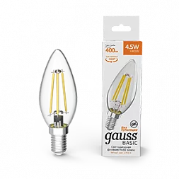 Лампа Gauss Basic Filament Свеча 4,5W 400lm 2700К Е14 LED 1/10/50