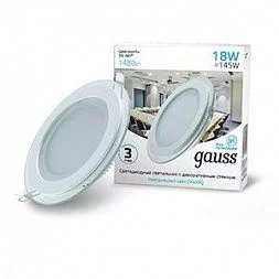 Светильник Gauss Glass круг 18W 1480lm 4000K 185-265V IP20 монт Ø170 200*36 с дек стеклом LED 1/20