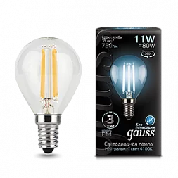 Лампа Gauss Filament Шар 11W 830lm 4100К Е14 LED 1/10/50