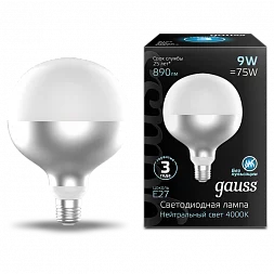 Лампа Gauss Filament G125 9W 890lm 4100К Е27 mirror-milky LED 1/10