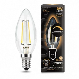 Лампа Gauss Filament Свеча 5W 420lm 2700К Е14 диммируемая LED 1/10/50